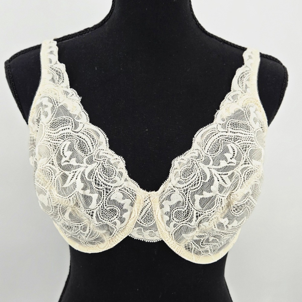 Natori Feathers Underwire Bra Ivory Cream Sheer Plunge Shaper Lingerie 36DD Lace